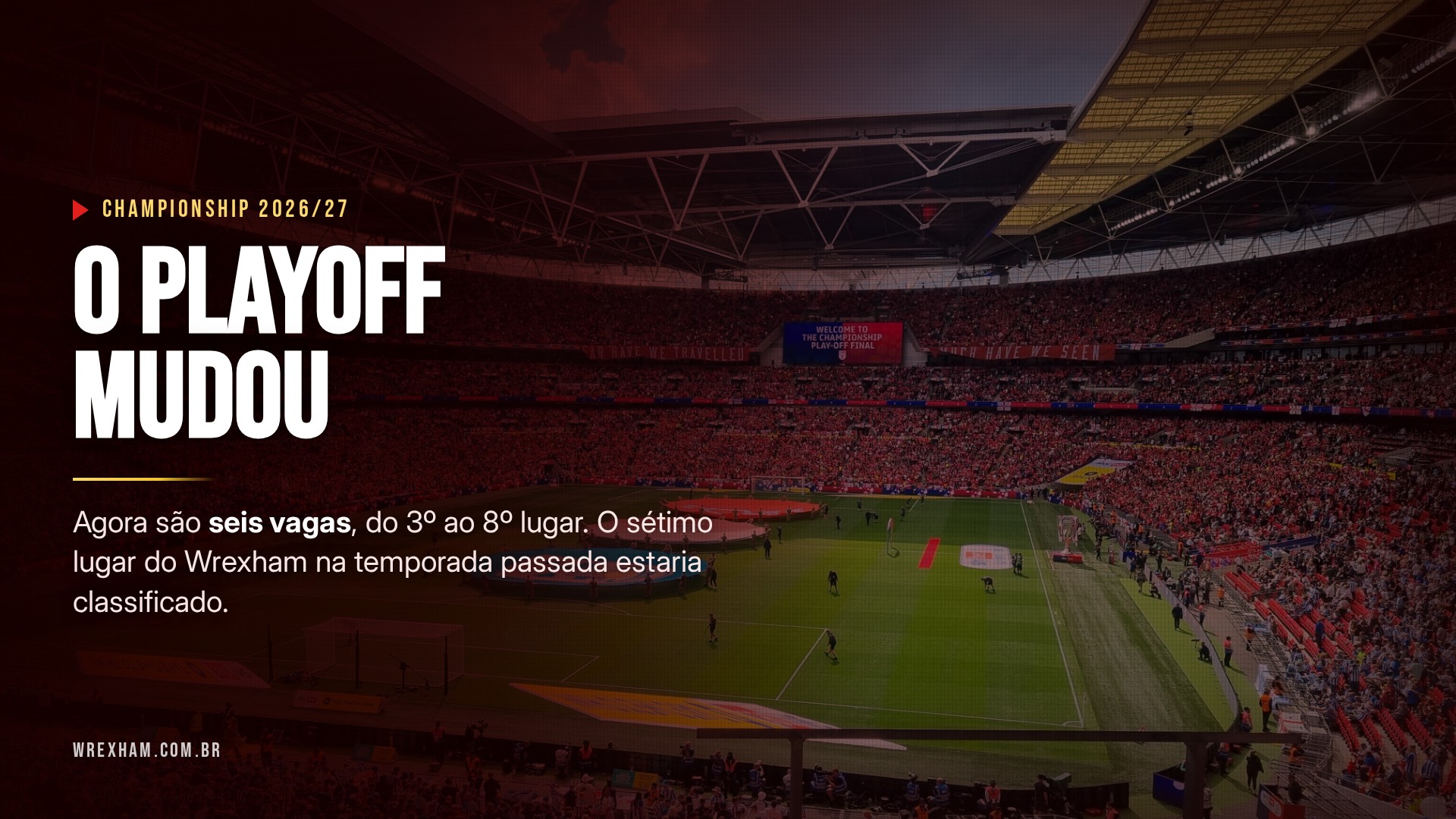 Wembley durante a final do playoff da Championship, com arte sobre a mudanca para seis vagas