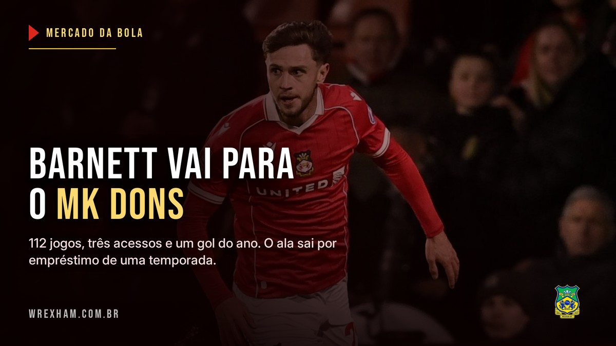 Ryan Barnett em campo com a camisa do Wrexham, ao lado da informacao de que foi emprestado ao MK Dons