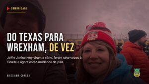 Jeff e Janice Ivey na arquibancada do Racecourse Ground, em Wrexham