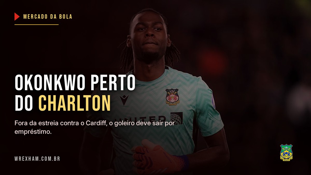 Arthur Okonkwo com o uniforme de goleiro do Wrexham, ao lado da informacao de que esta perto de acertar com o Charlton Athletic